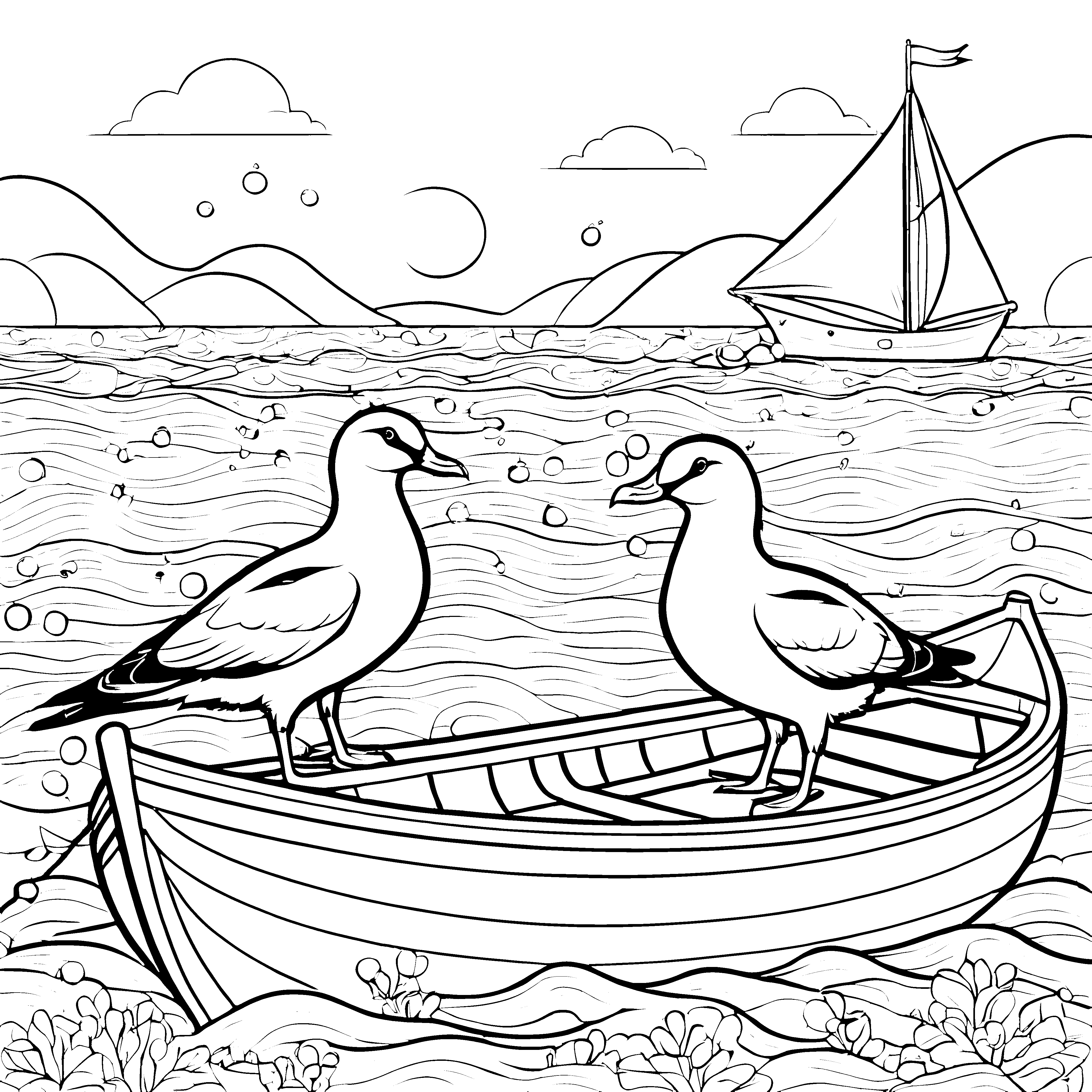 Zwei Möwen im kleinen Ruderboot auf dem Meer - Ausmalbild fuer kleine Entdecker