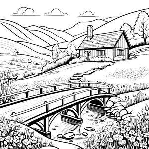 Ein Ausmalabenteuer durch die sanften Täler mit Brücke und Haus