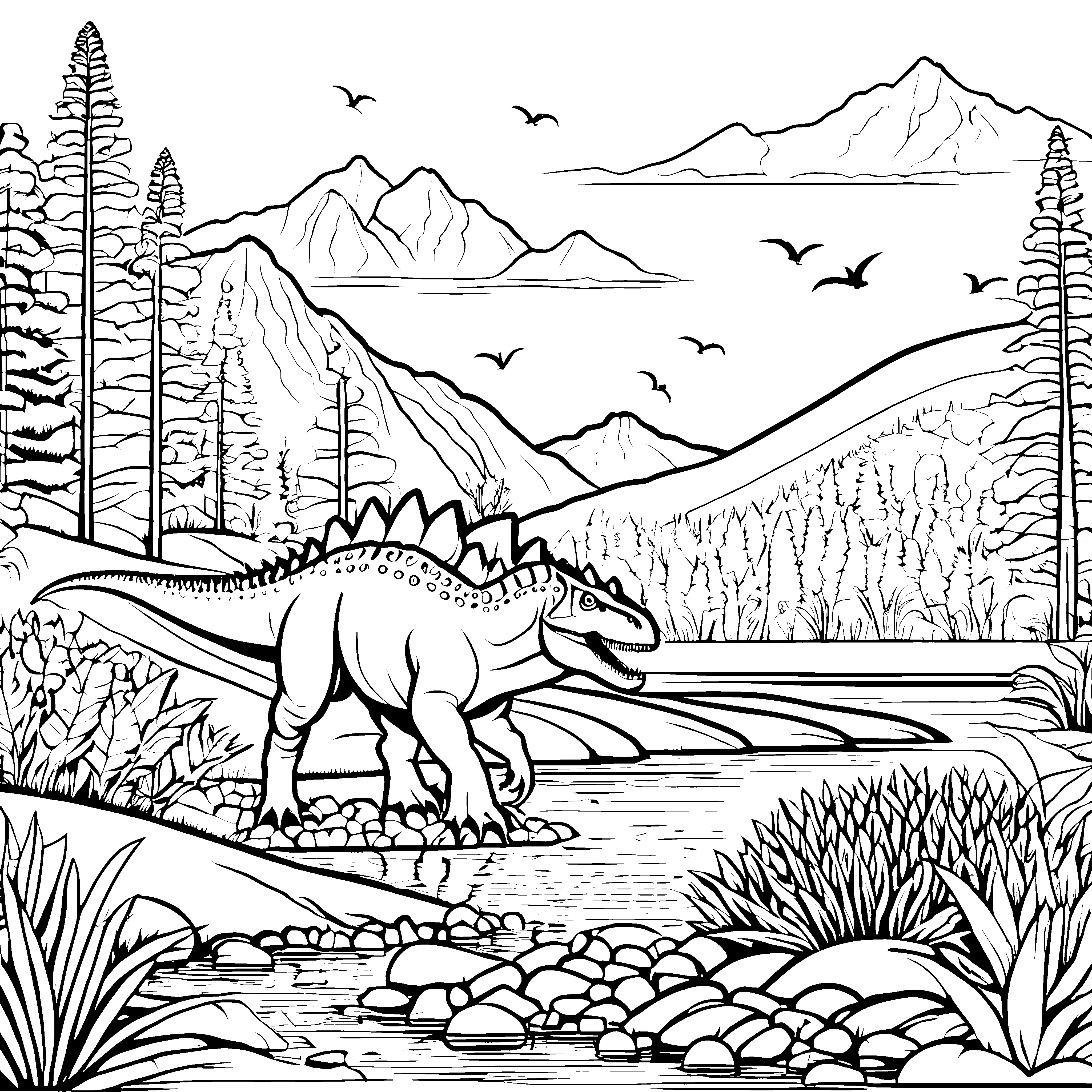 Carnotaurus im Fluss: Ein Dinoausmalbild mit Bergen und Vögeln