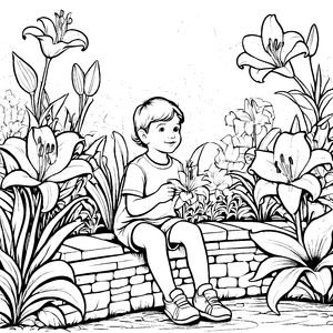 Ein kleiner Junge im Garten mit schönen Lilien – Ausmalbild fuer kleine Entdecker
