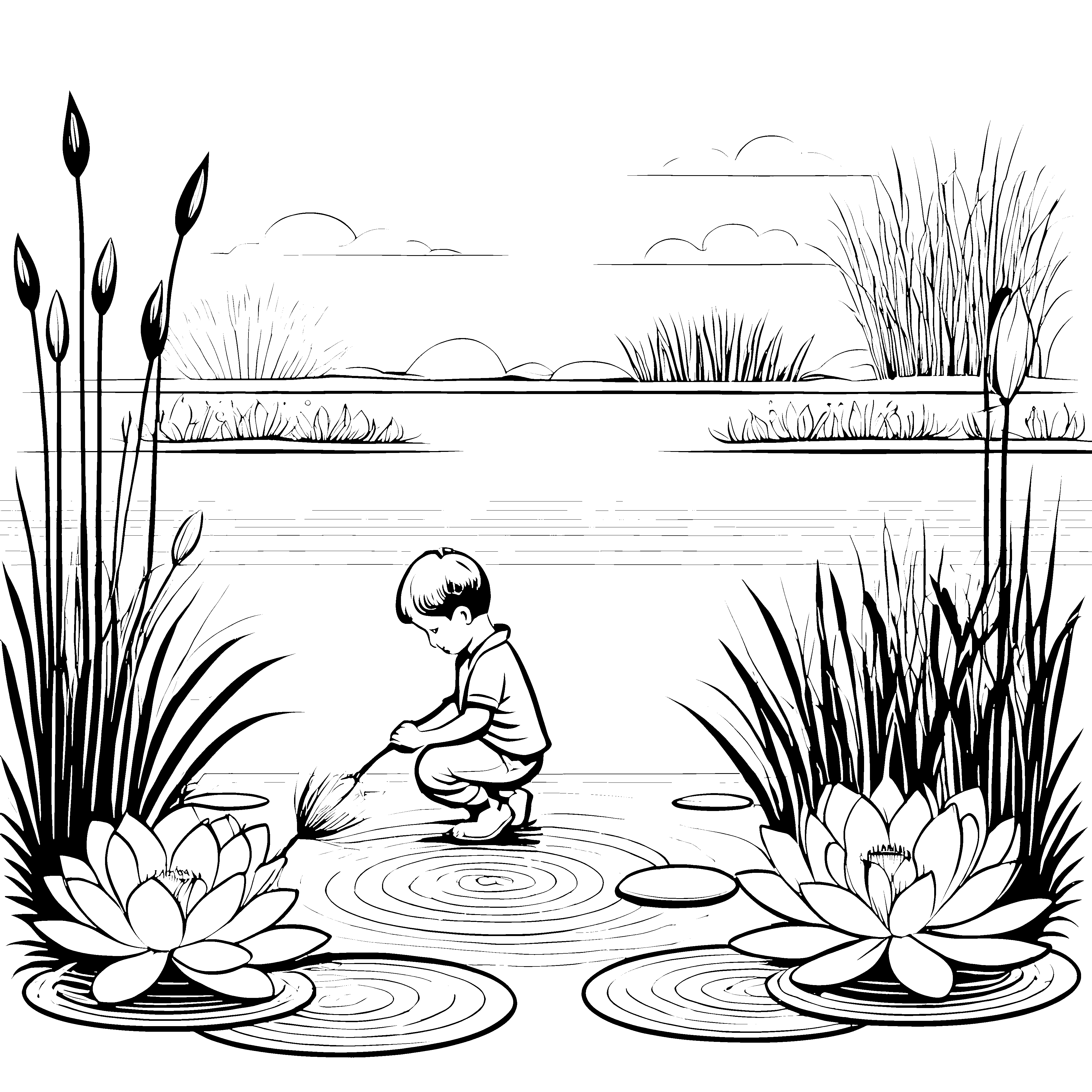 Malspaß mit Lotusblüten am Wasserufer für Kinder zum Ausmalen