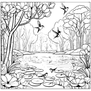 Blütenzauber und fliegende Vögel am Teich