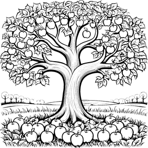 Der große Apfelbaum auf der weiten Wiese - Ausmalbild fuer kleine Entdecker