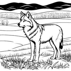 Der stolze Wolf im hohen Gras der Hügellandschaft zum Ausmalen