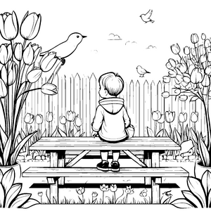 Frühlingszauber: Ein Ausmalbild mit Tulpen und Vögeln im Garten