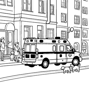 Rettungswagen vor dem Haus mit Hunden zum Ausmalen