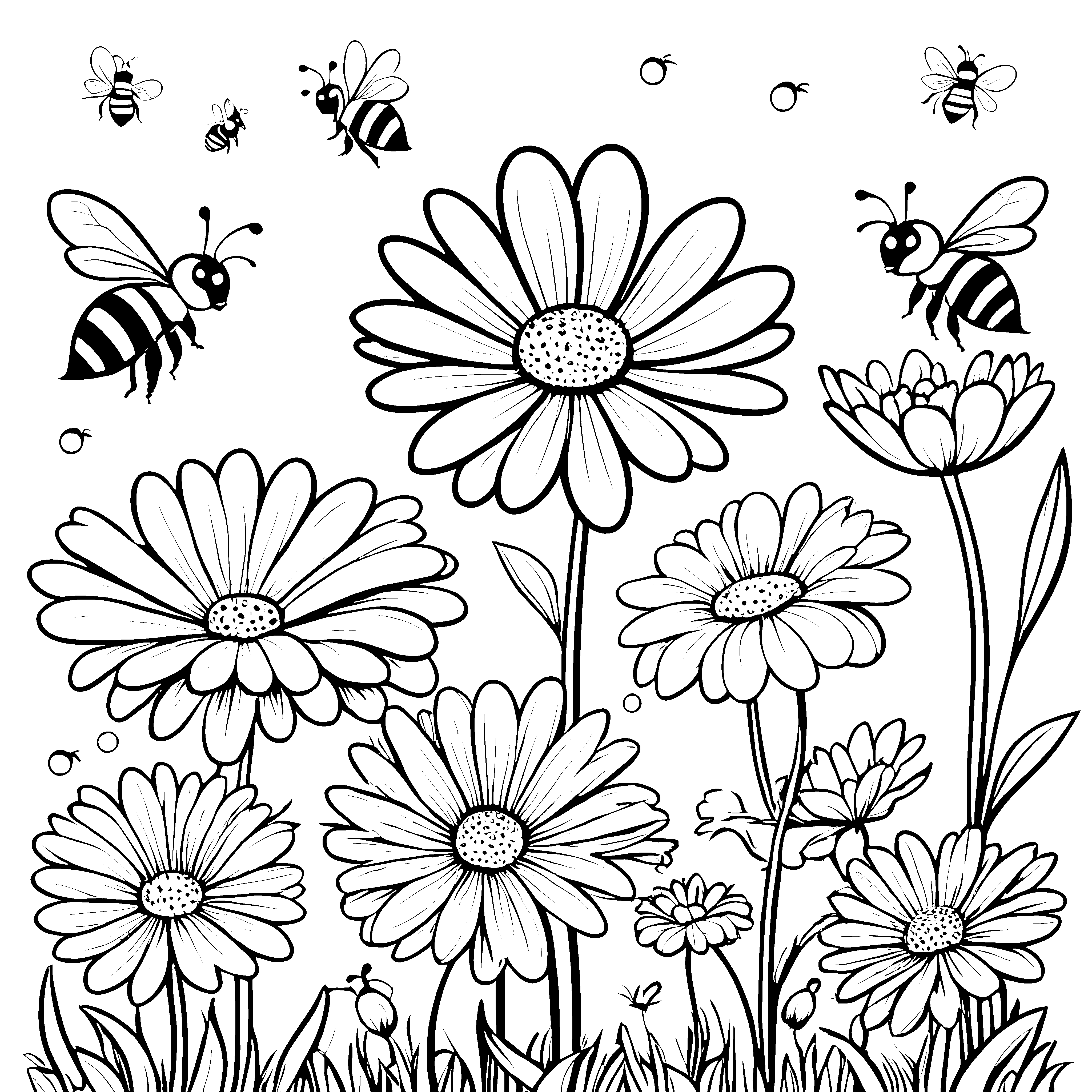 Bienen auf einer bunten Blumenwiese - Ausmalbild fuer kleine Entdecker