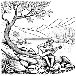 Der Barde mit Gitarre am Flussufer zum Ausmalen