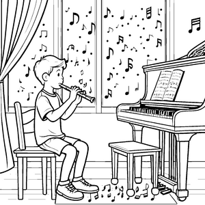 Der Junge spielt Flöte am Klavier Ausmalbild fuer kleine Entdecker
