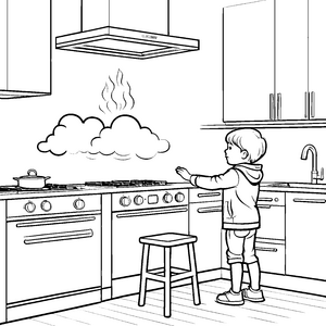 Der kleine Junge in der Küche mit Dunstabzugshaube – Ausmalbild fuer kleine Tierfreunde