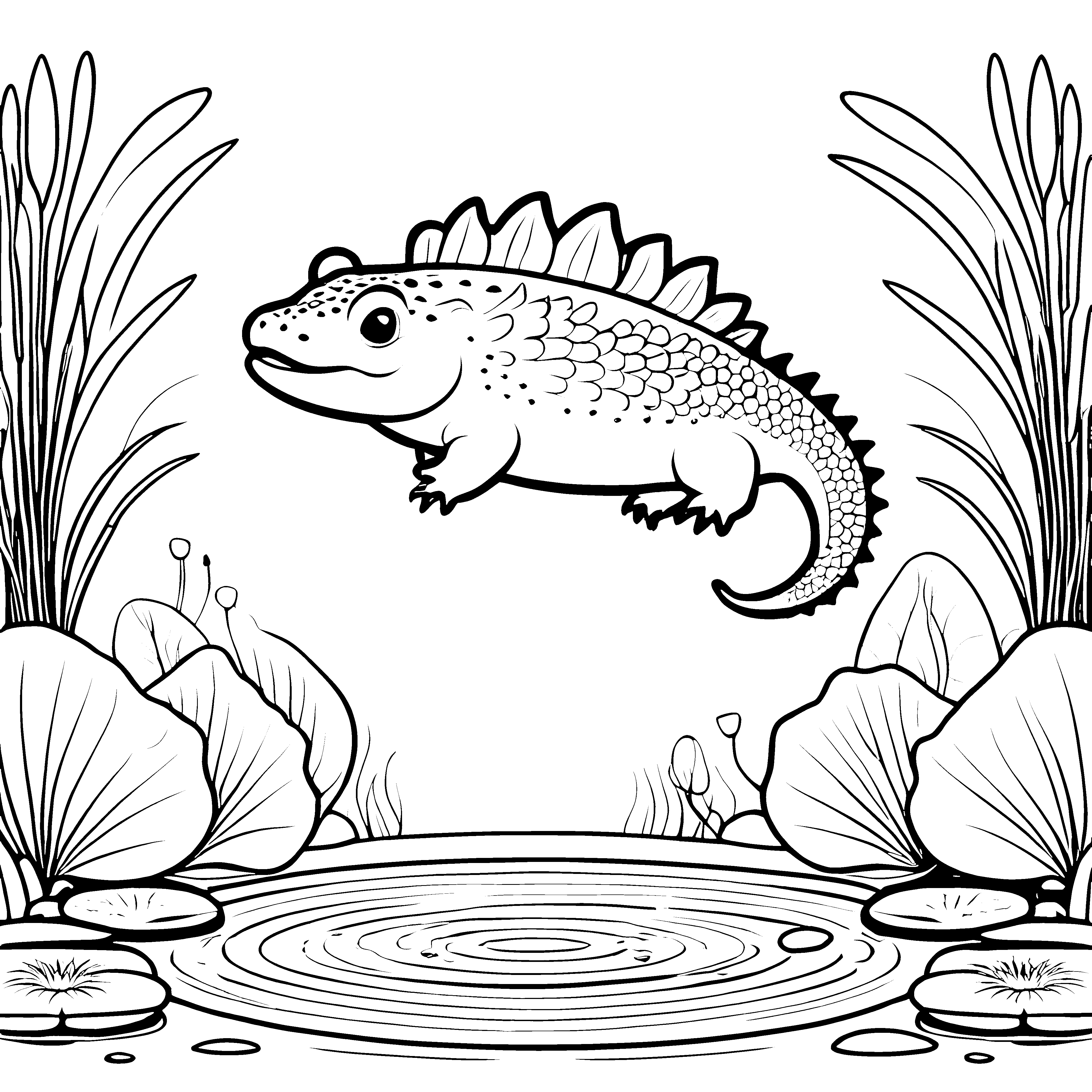 Axolotl im Teich: Ein Ausmalspaß mit Wasserpflanzen