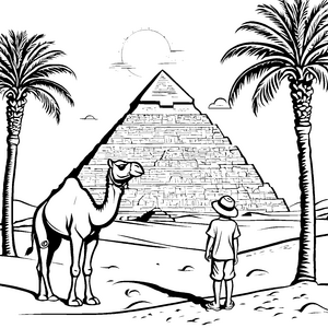 Abenteuer in der Wüste mit Kamel und Pyramide Ausmalbild fuer kleine Entdecker