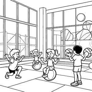 Kinder spielen fröhlich mit großen Medizinbällen - Ausmalbild fuer kleine Entdecker
