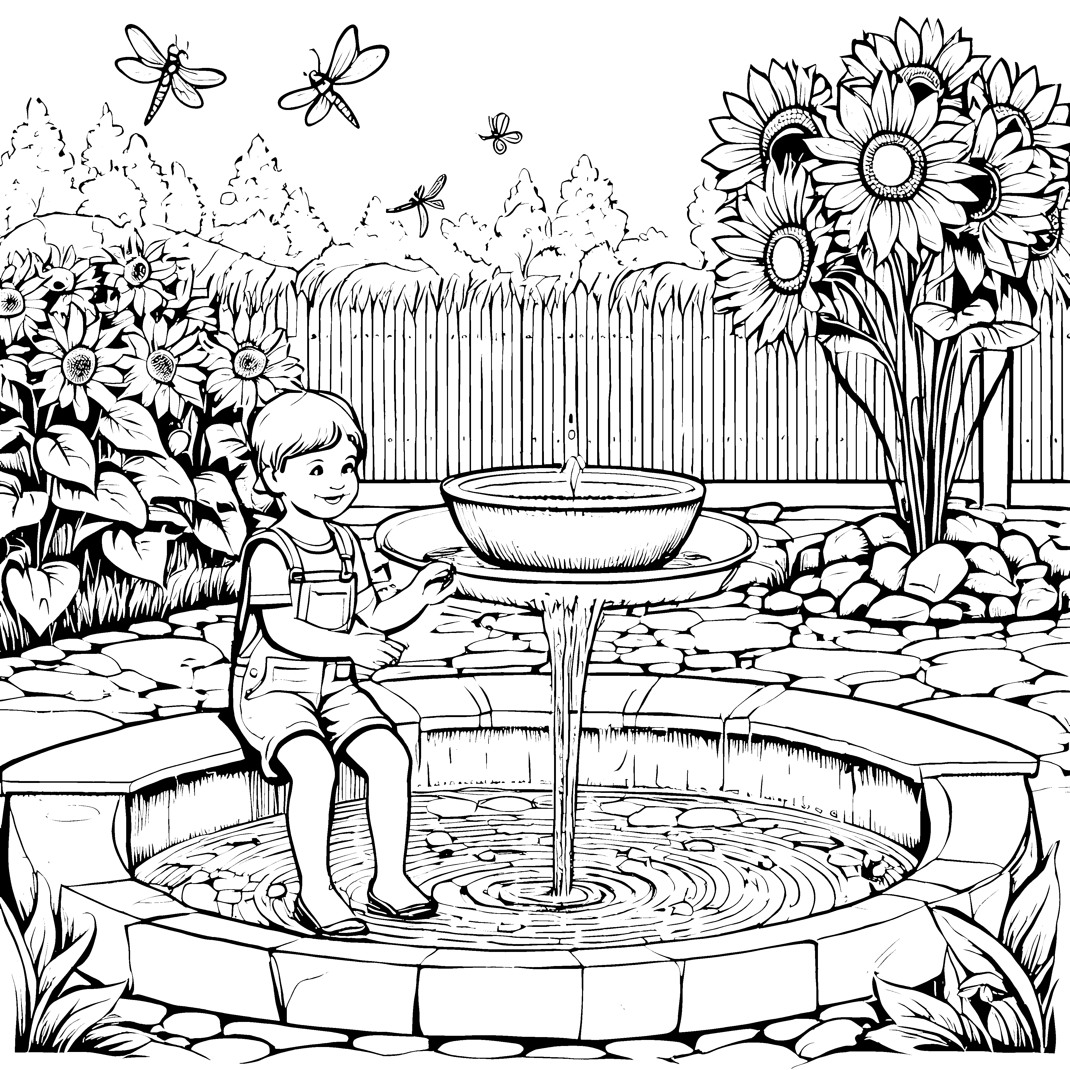 Das kleine Kind am Blumenbrunnen malen zum Ausmalspaß