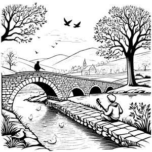Der Barde an der Steinbrücke in der Flusslandschaft zum Ausmalen