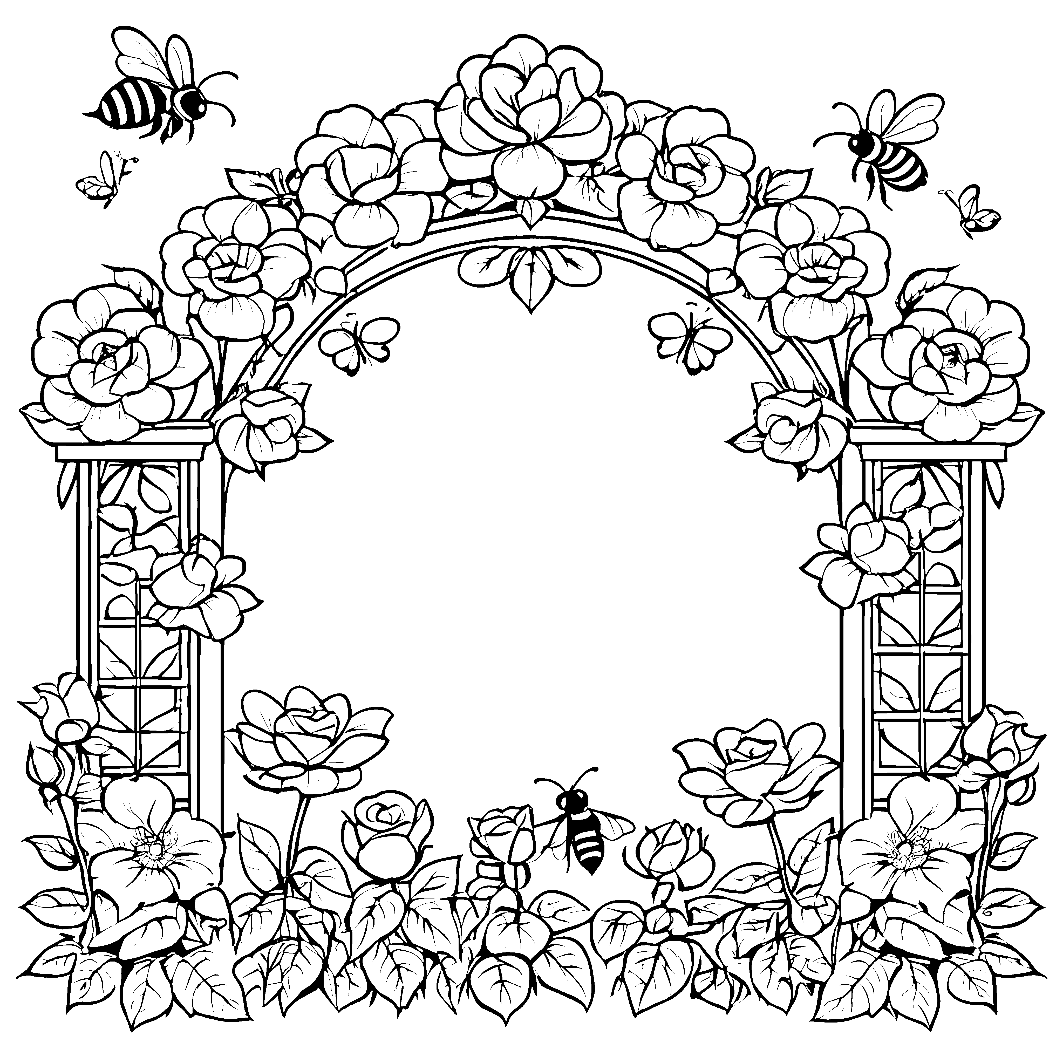 Bienen im Blumenbogen aus Rosen Ausmalbild fuer kleine Entdecker