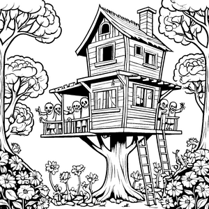 Zombies auf der Veranda des großen Baumhauses Ausmalbild fuer kleine Entdecker