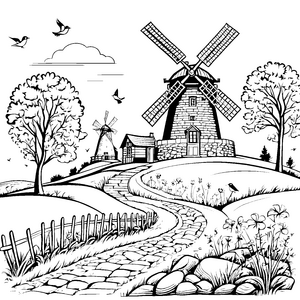 Die Windmühlen im ländlichen Dorf am gewundenen Weg