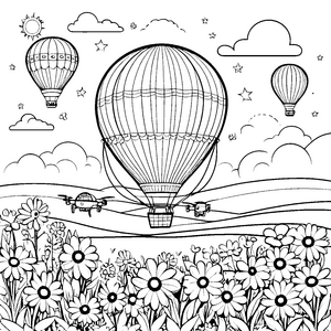 Drohnen und Heißluftballons über einer bunten Blumenwiese Ausmalbild fuer kleine Entdecker