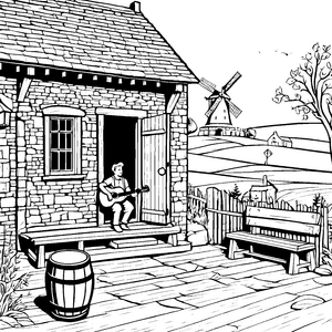 Der Barde spielt Gitarre vor der Windmühle zum Ausmalen