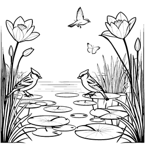 Vögel am Teich: Ein Ausmalspaß mit Blüten und Seerosen