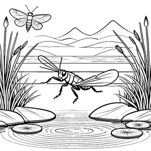 Grillen am Teich: Fliegende Insekten bei Bergpanorama zum Ausmalen