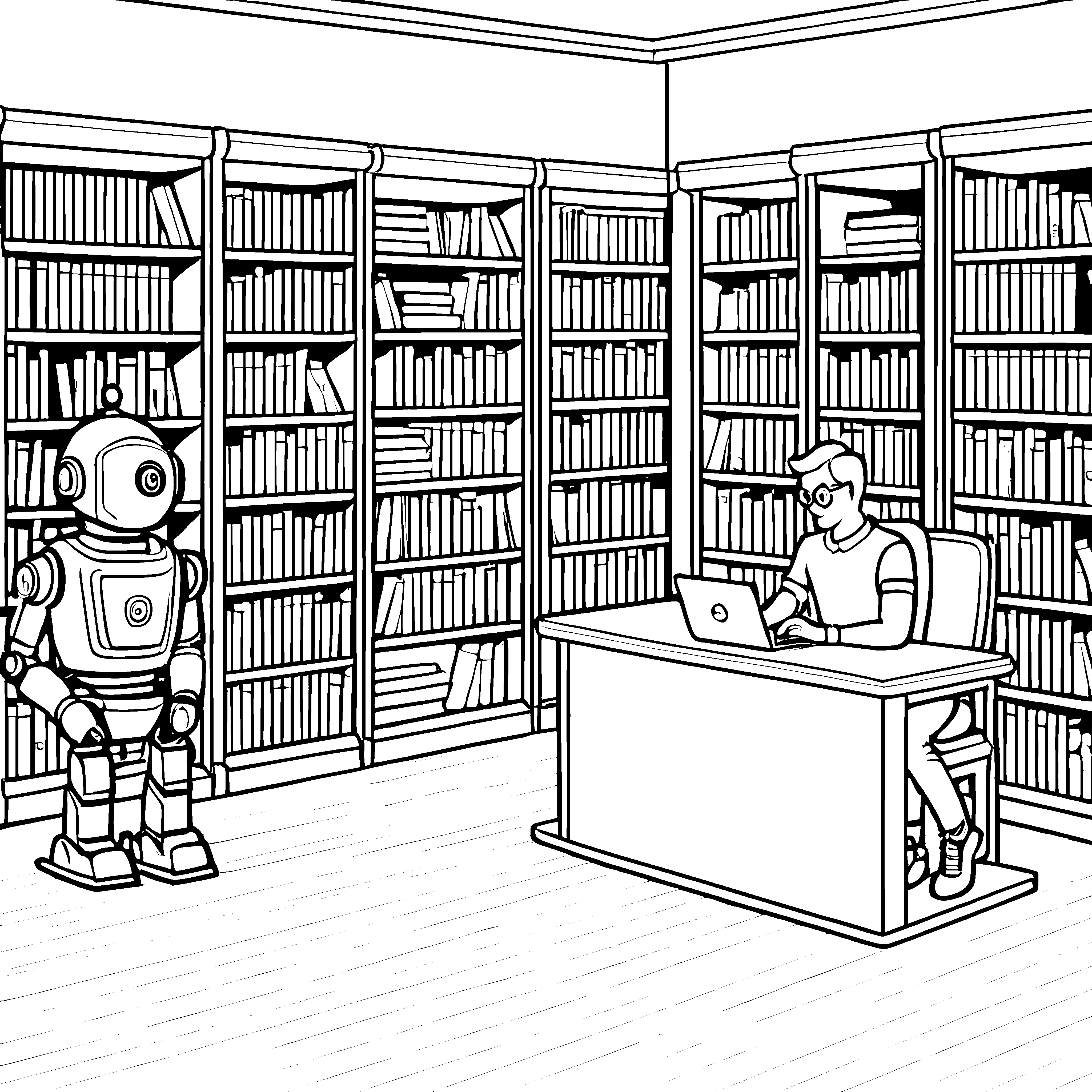 Der Roboter und der Mensch schützen die Daten in der Bibliothek