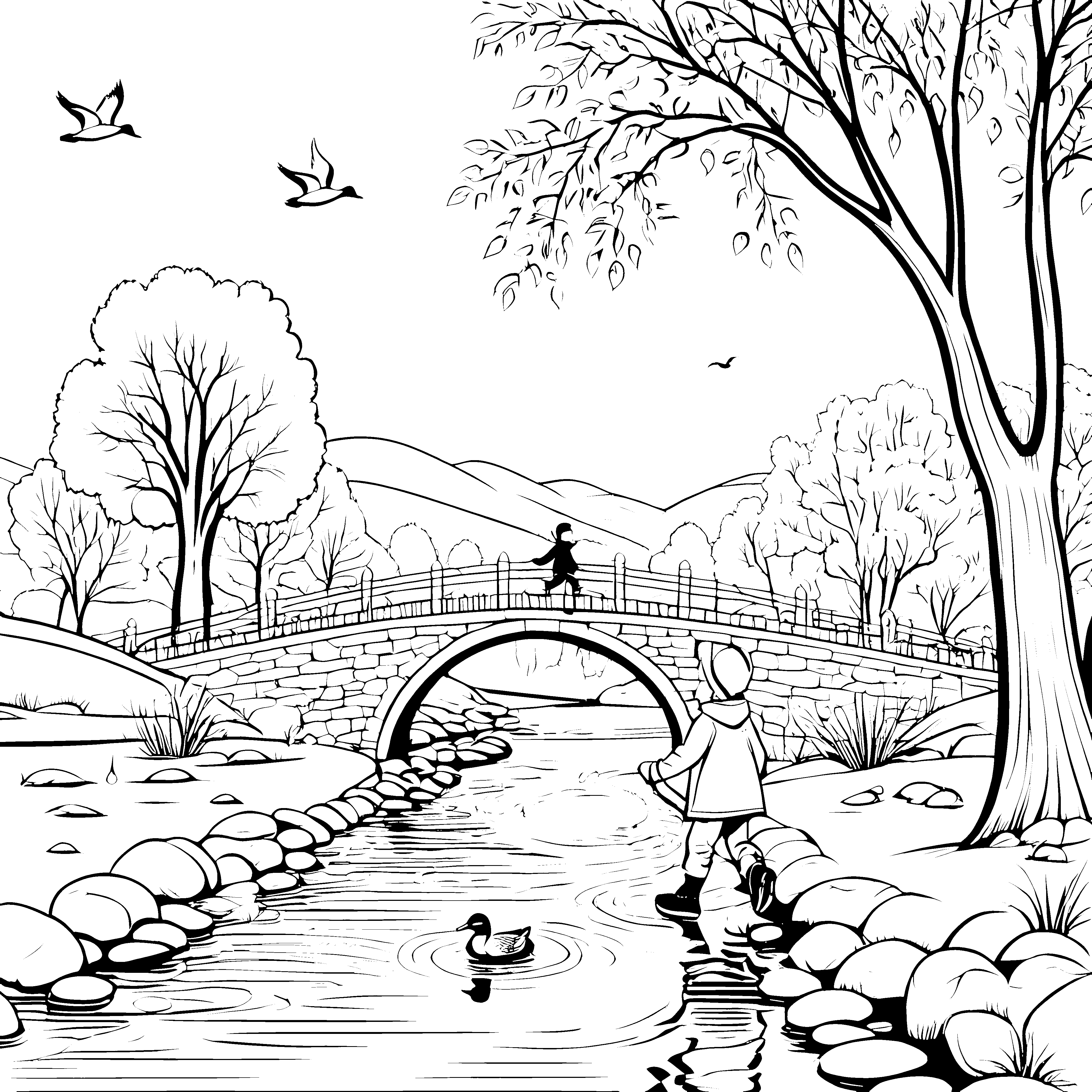 Flussüberquerung mit gemauerter Brücke für kleine Künstler zum Ausmalen