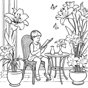 Das kleine Mädchen liest ein Buch zwischen großen Lilien - Ausmalbild fuer kleine Entdecker