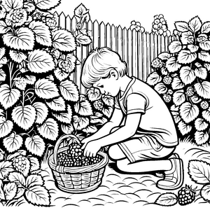Himbeeren pflücken: Ein Kind im Garten mit Korb voller Beeren
