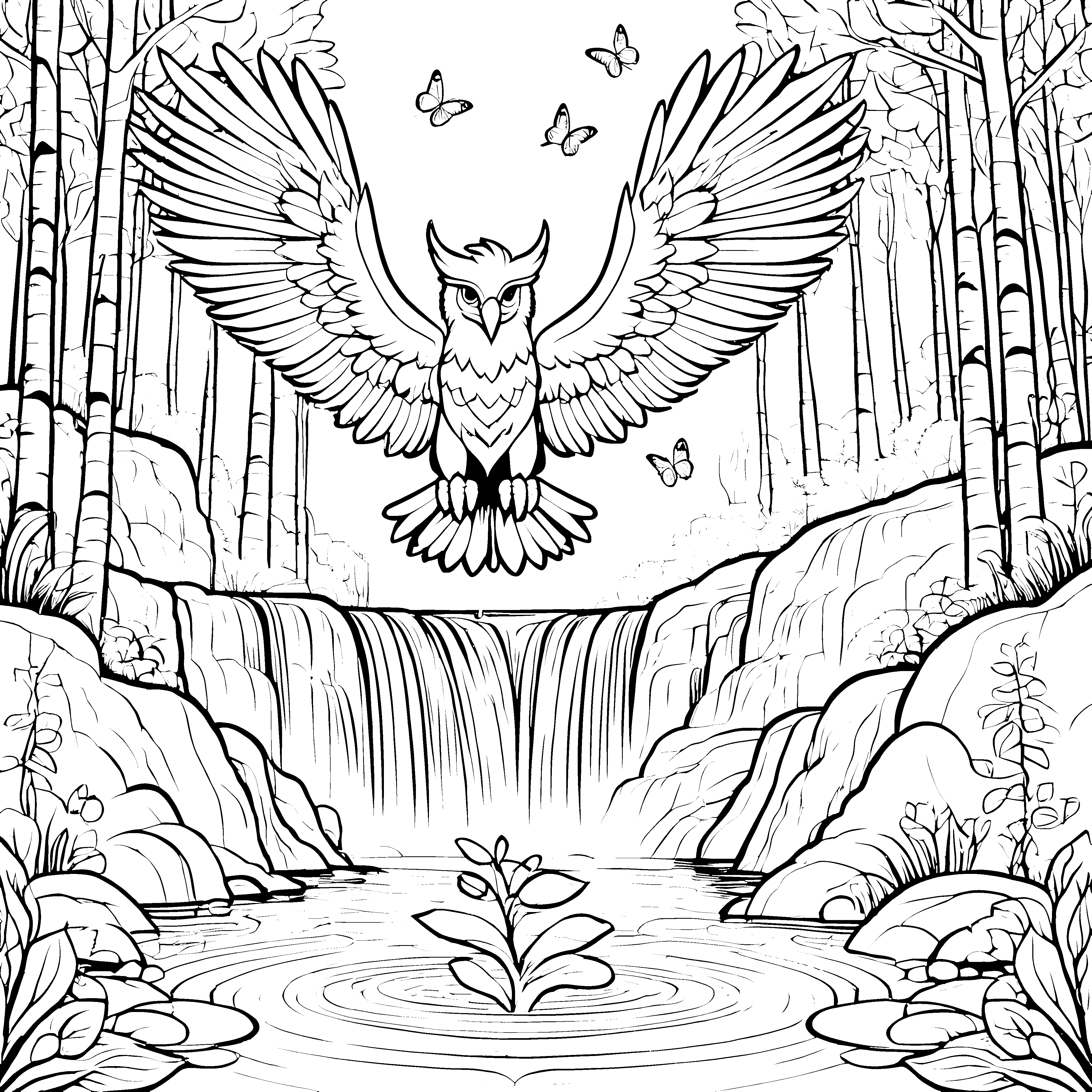Der majestätische Greif über dem Wasserfall im Wald