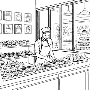 Der süße Tag beim Konditor mit Cupcakes und Törtchen zum Ausmalen