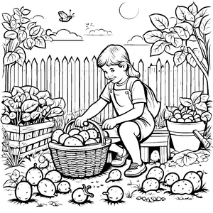 Kartoffelernte im Garten mit Korb und Eimer Ausmalbild fuer kleine Entdecker