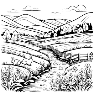 Zauberhaftes Tal mit Häusern, Kaninchen und Bach zum Ausmalen