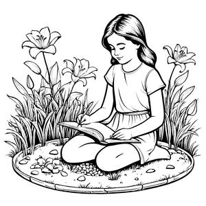 Das Mädchen liest ein Buch inmitten großer Lilien - Ausmalbild fuer kleine Entdecker