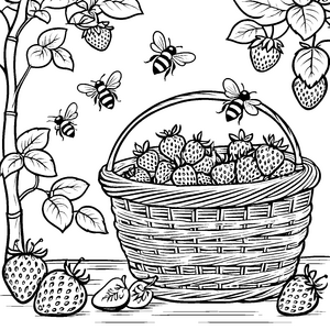 Bienen und Erdbeeren im geflochtenen Korb - Ausmalbild fuer kleine Entdecker