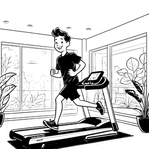 Der Junge trainiert auf dem Laufband im Fitnessraum – Ausmalbild fuer kleine Entdecker
