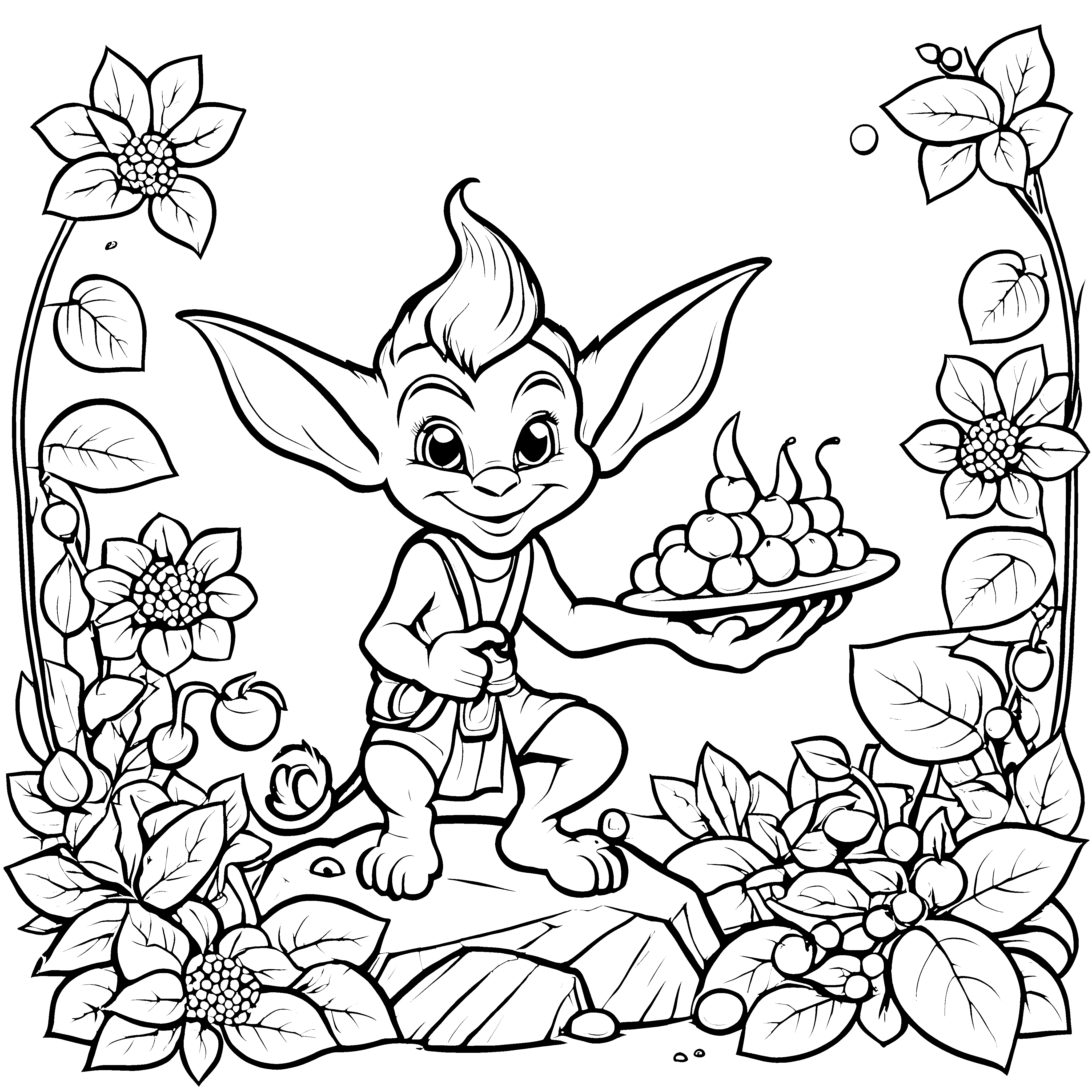 Der freundliche Goblin mit der Schale voller Beeren - Ausmalbild fuer kleine Entdecker