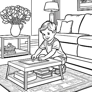 Der Junge malt am Couchtisch mit Büchern im Regal Ausmalbild fuer kleine Entdecker