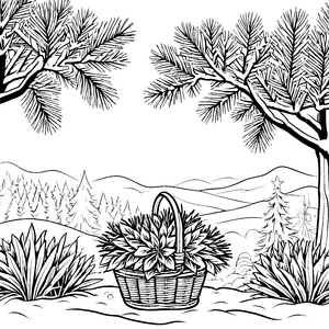 Weihnachtssterne im geflochtenen Korb in winterlicher Berglandschaft Ausmalbild fuer kleine Entdecker