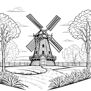 Majestätische Windmühle am Wiesenweg Malbild für Naturfreunde