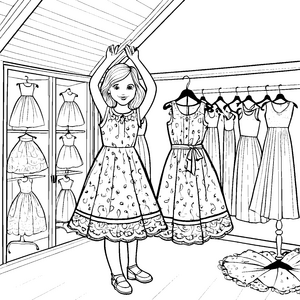 Das Mädchen im schönen Blumenkleid in der Umkleidekabine Ausmalbild fuer kleine Entdecker