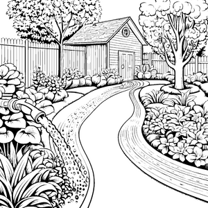 Spritziger Gartenschlauch am Weg Ausmalbild für junge Gartenfreunde