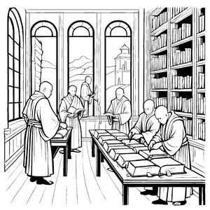 Ehrwürdige Mönche in der Bibliothek Bastelmotiv für Buchwürmer