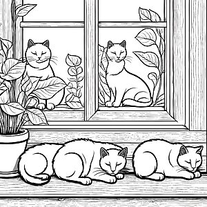 Gemütliche schlafende Katzen auf der Bank Bastelmotiv für neugierige Pflanzenfreunde