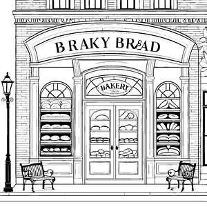 Gemütliche Bäckerei mit Schaufenstern Malvorlage für junge Brotliebhaber