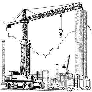 Großer Turmdrehkran auf der belebten Baustelle Ausmalbild fuer kleine Entdecker