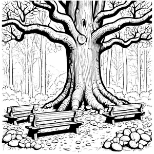 Majestätische Eiche mit Parkbänken: Ausmalvorlage für kreative Waldfreunde
