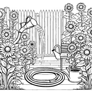 Idyllischer Gartenschlauch mit Sonnenblumen Bastelvorlage für junge Gartenfreunde