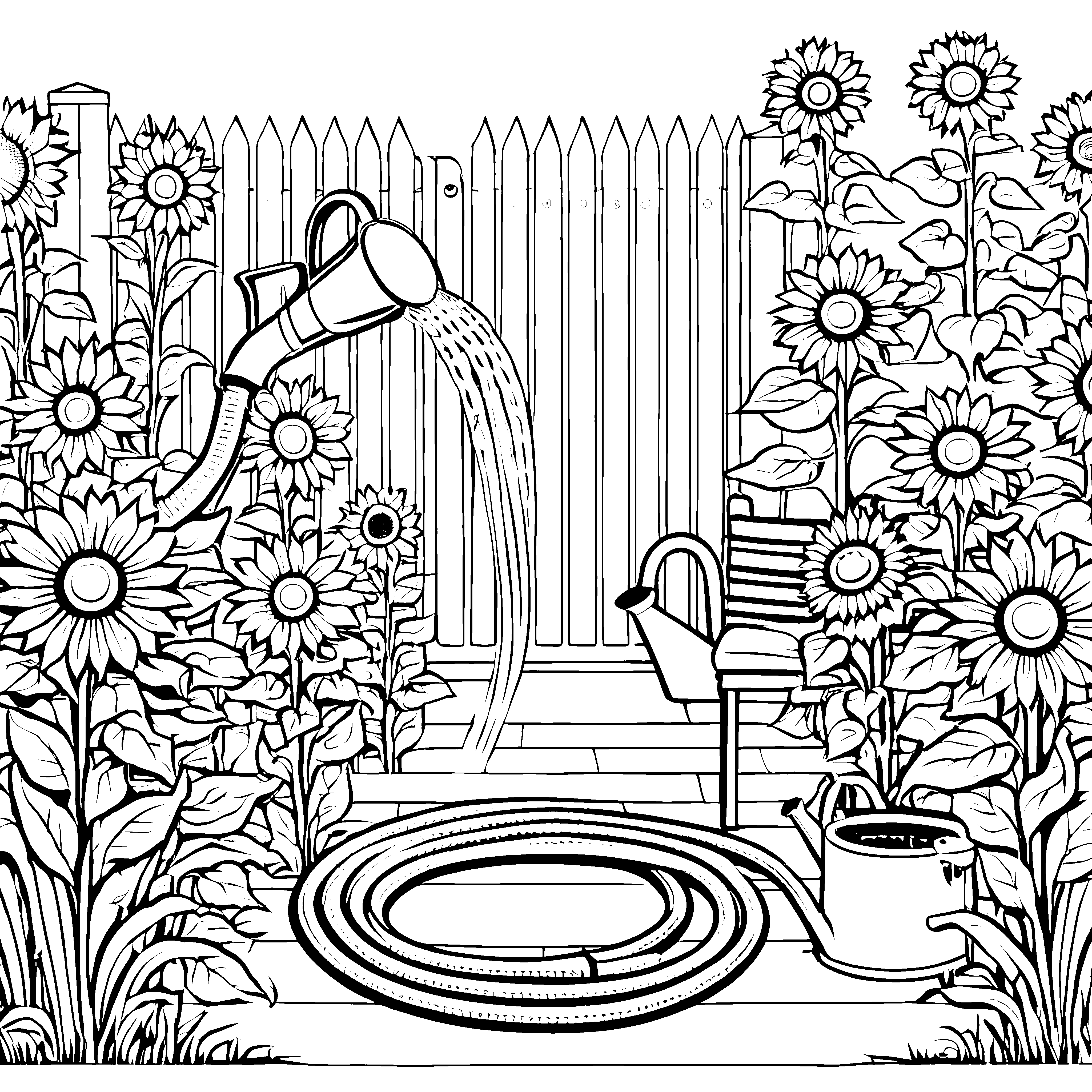 Idyllischer Gartenschlauch mit Sonnenblumen Bastelvorlage für junge Gartenfreunde